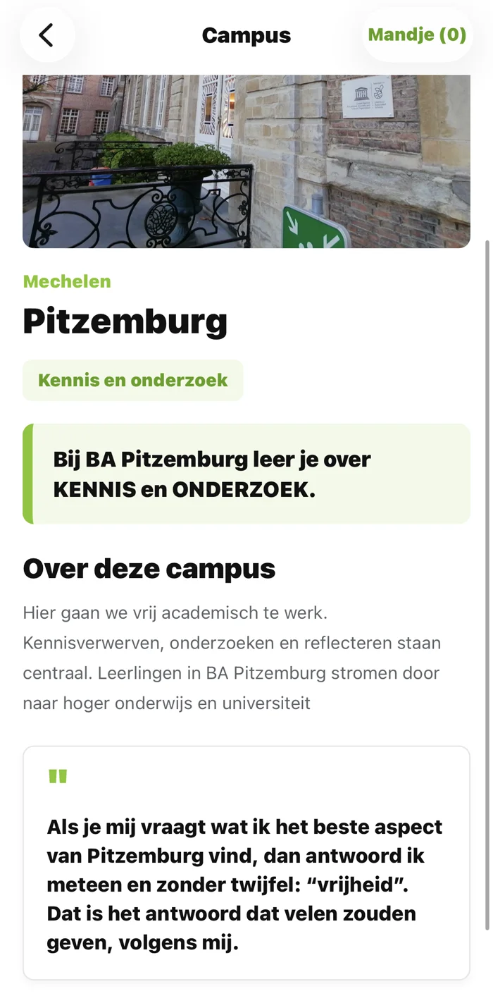 Campus detail screen for BA Pitzemburg with description and student quote
