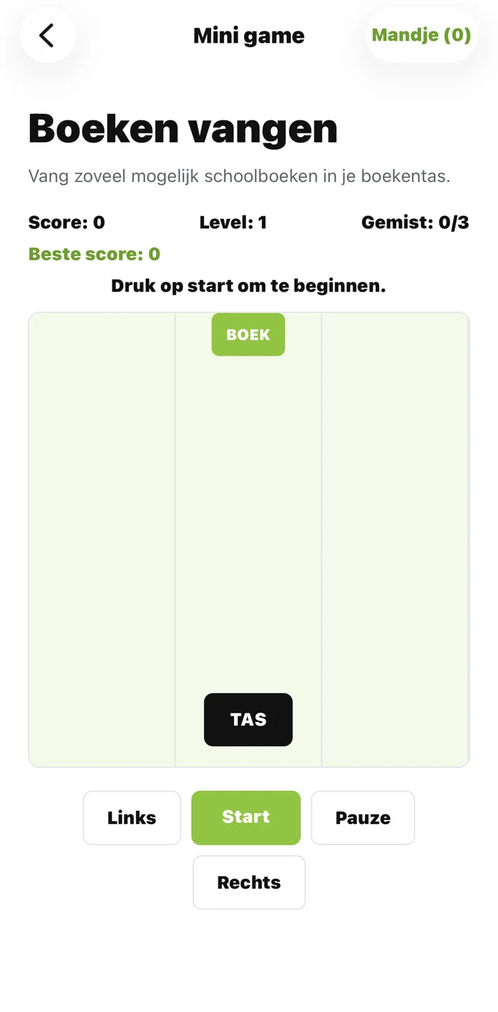 Mini-game screen, Boeken vangen, a book-catching game for students