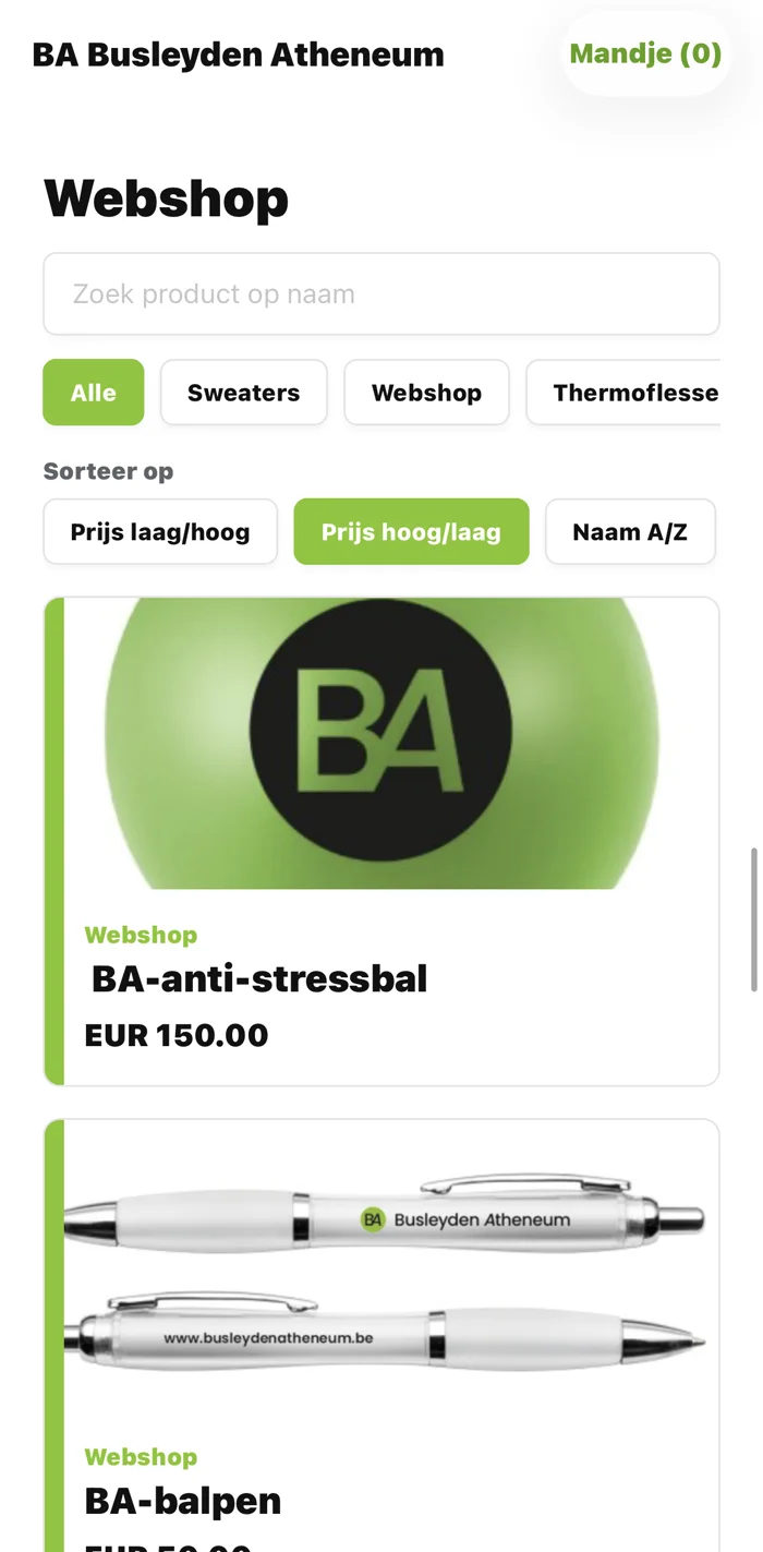 Webshop screen listing BA branded merchandise with search, filters and sorting