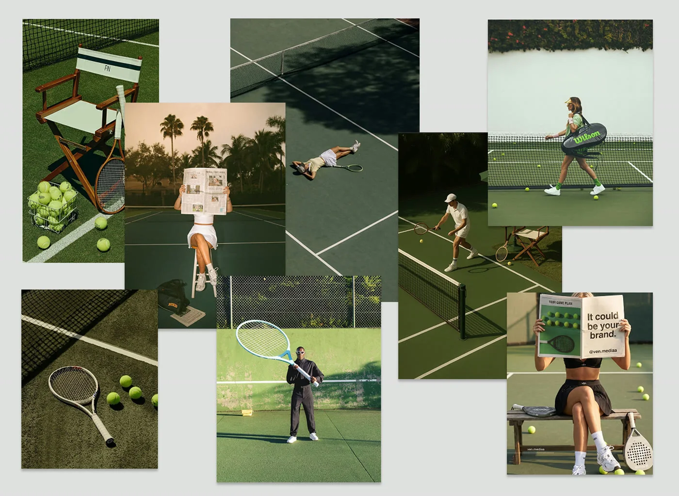 Tennis moodboard collage of court, racket and editorial reference photography