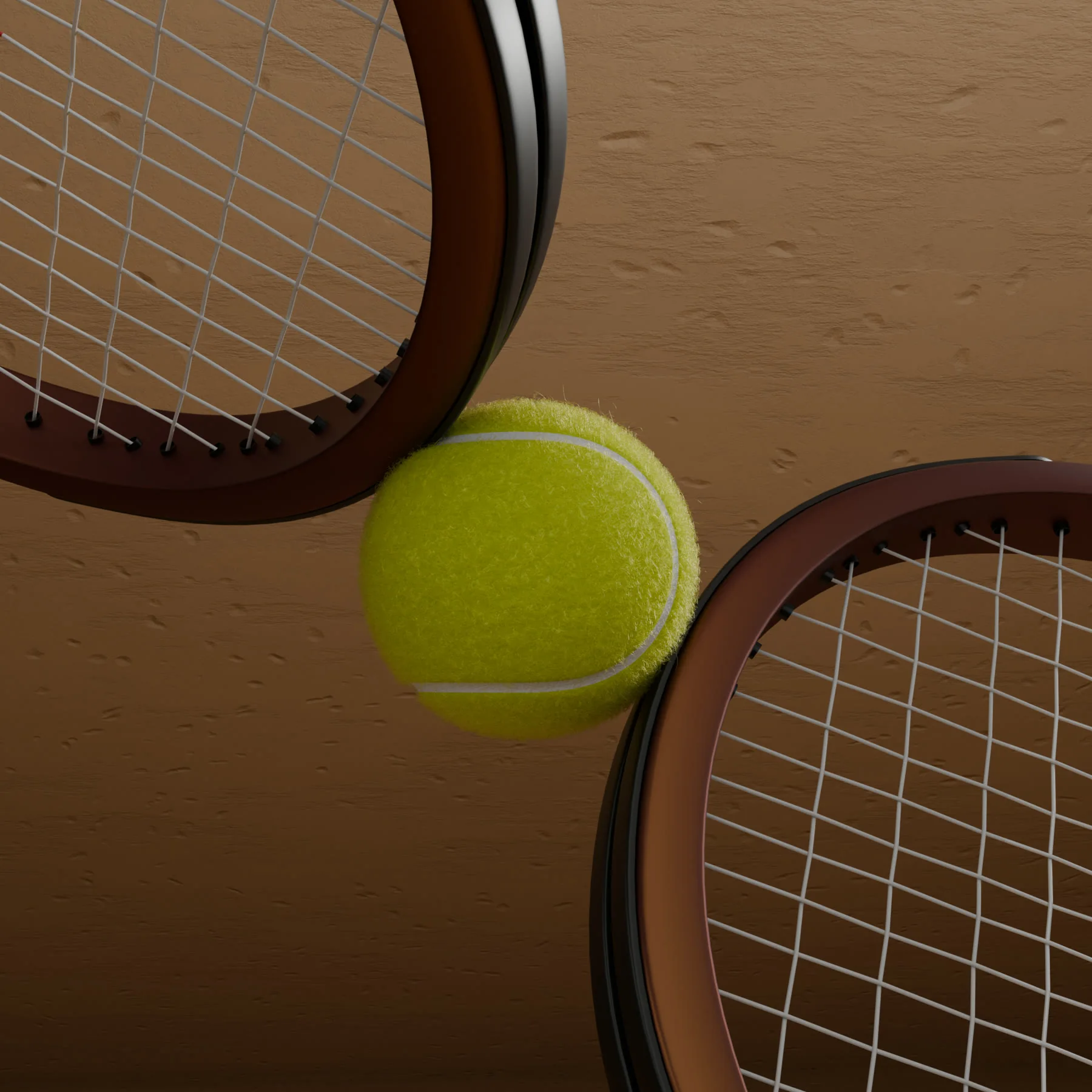 Style frame of two tennis rackets pinching a tennis ball, shot from above on a clay court