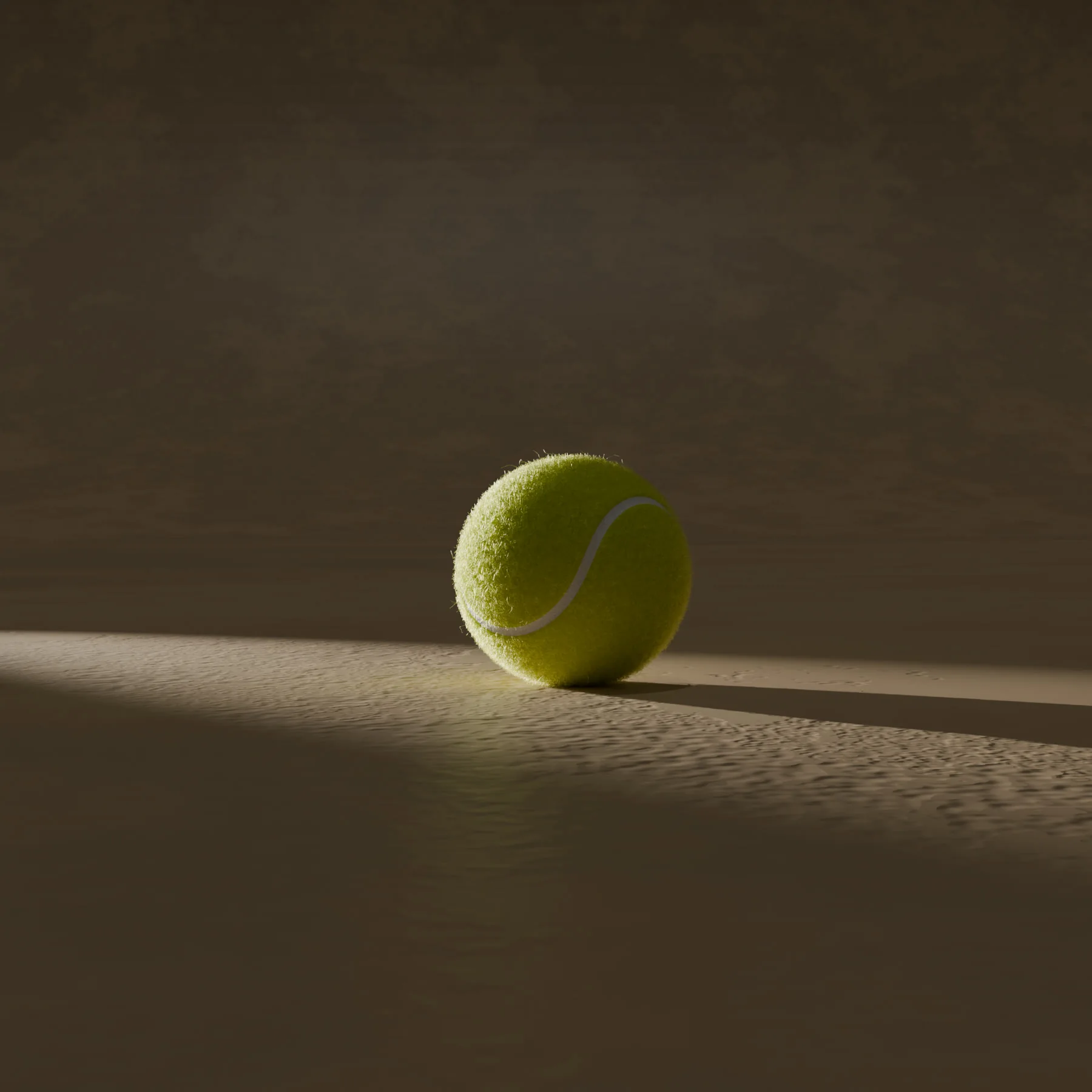 Style frame of a tennis ball lit by a single warm light source on a clay court